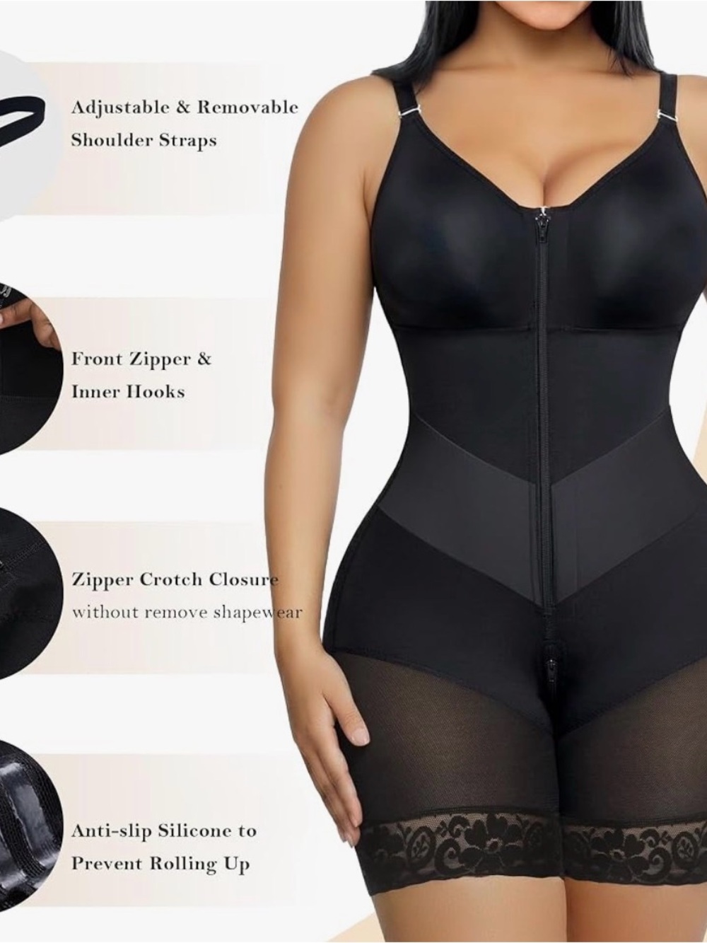 Yianna Black Shapewear Bodysuit with Front Zipper and V tummy control